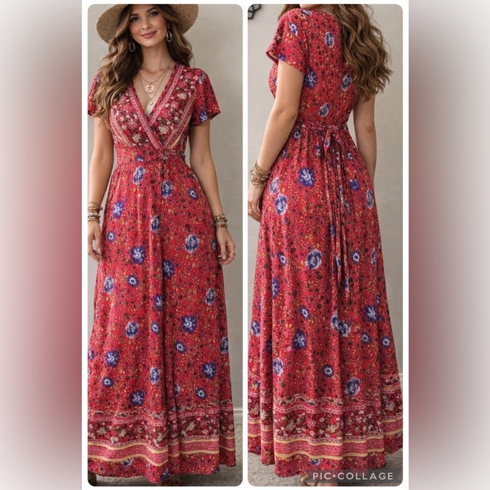 Temofun Red Floral Wrap Maxi Dress Festival Boho Cottagecore Summer Dress
